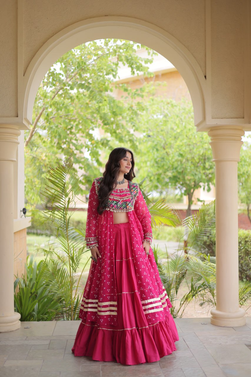 Eesha Pink Kora Cotton Bandhni Lehenga & Kurti Set