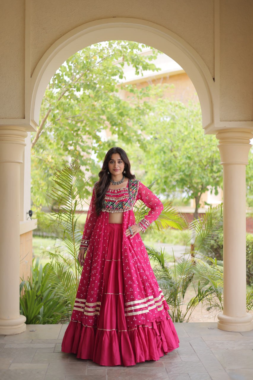 Eesha Pink Kora Cotton Bandhni Lehenga & Kurti Set