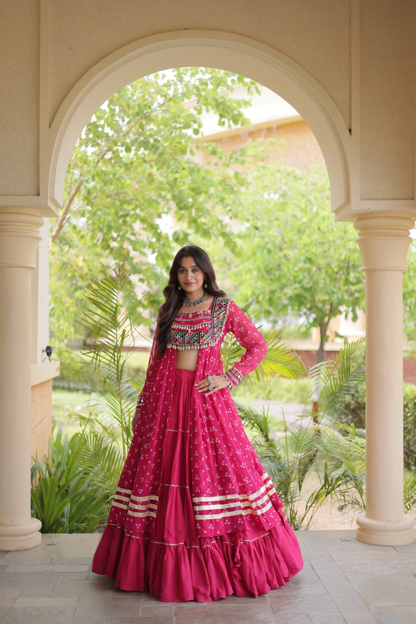 Eesha Pink Kora Cotton Bandhni Lehenga & Kurti Set