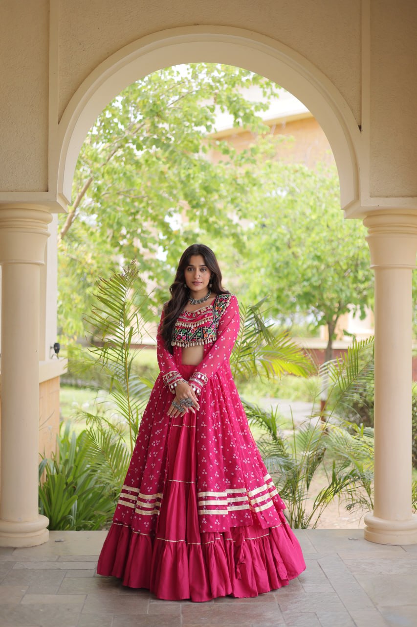 Eesha Pink Kora Cotton Bandhni Lehenga & Kurti Set