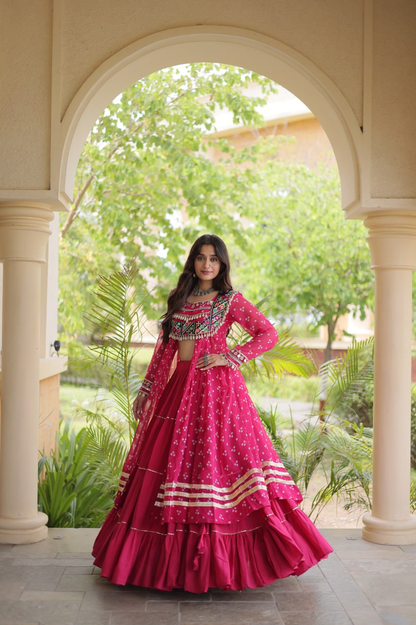 Eesha Pink Kora Cotton Bandhni Lehenga & Kurti Set