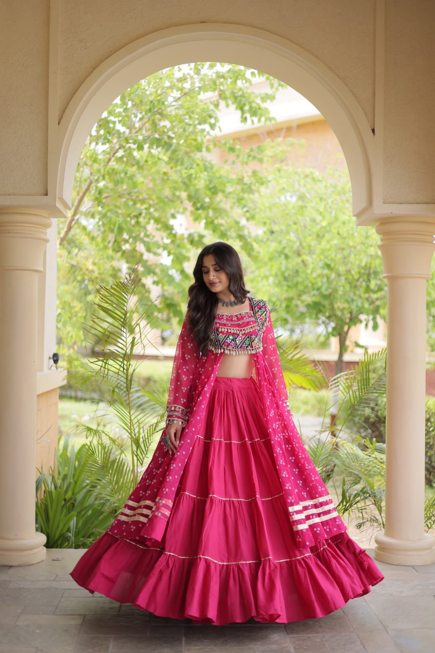 Eesha Pink Kora Cotton Bandhni Lehenga & Kurti Set