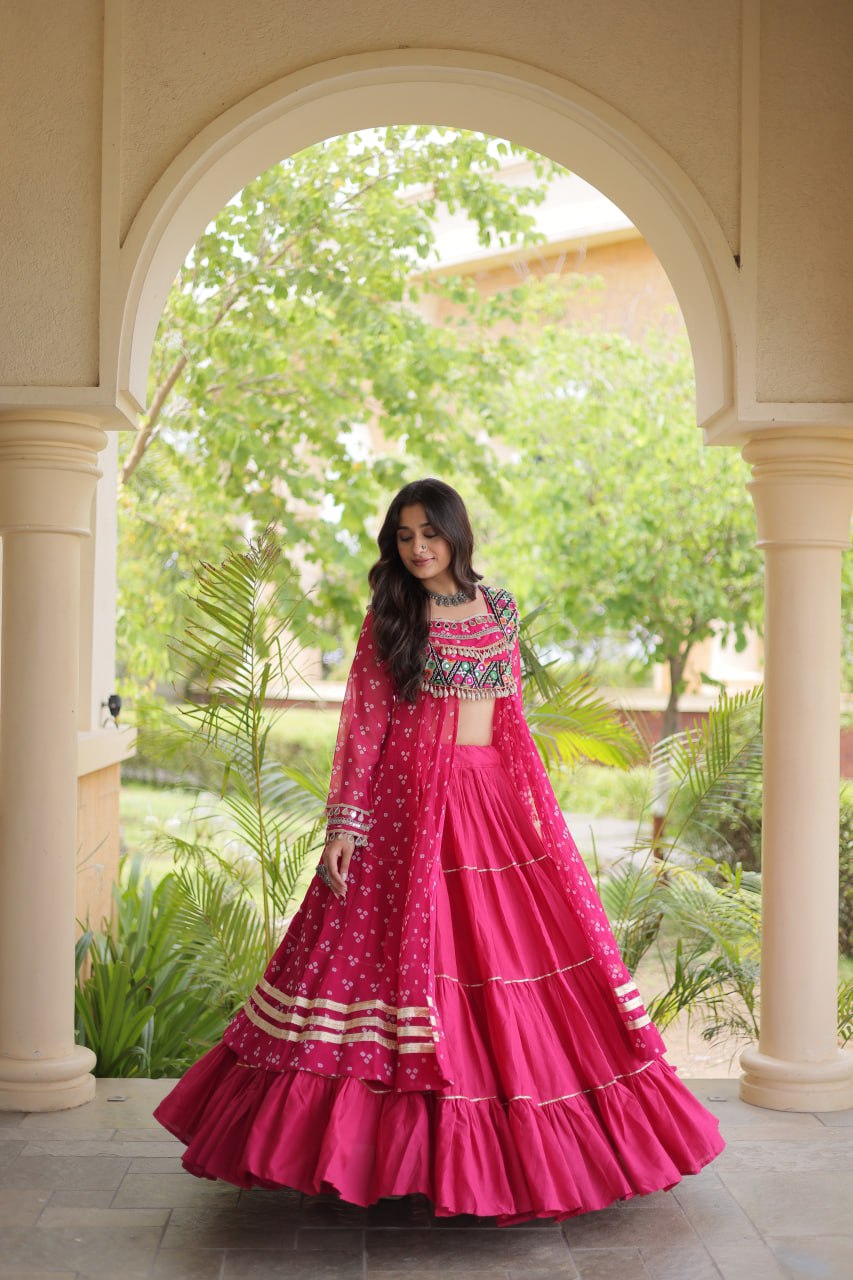 Eesha Pink Kora Cotton Bandhni Lehenga & Kurti Set