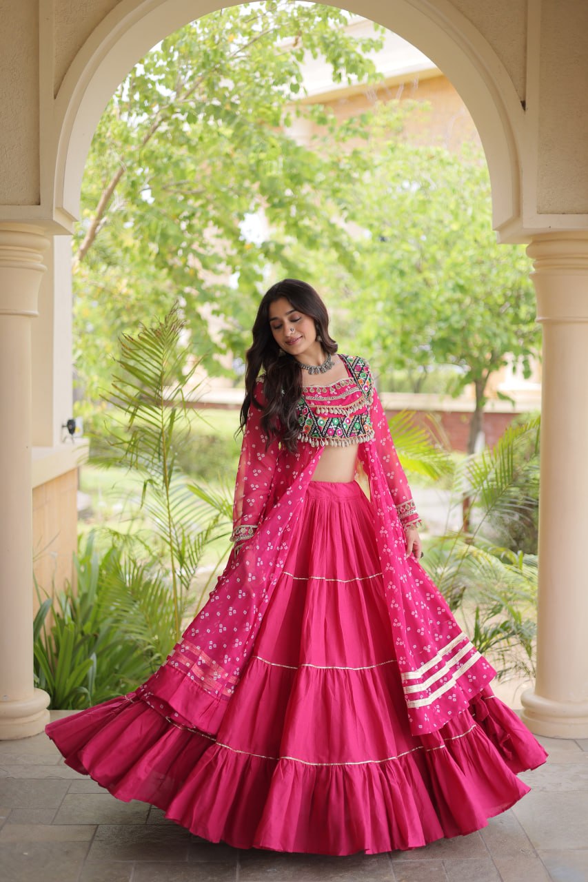 Eesha Pink Kora Cotton Bandhni Lehenga & Kurti Set