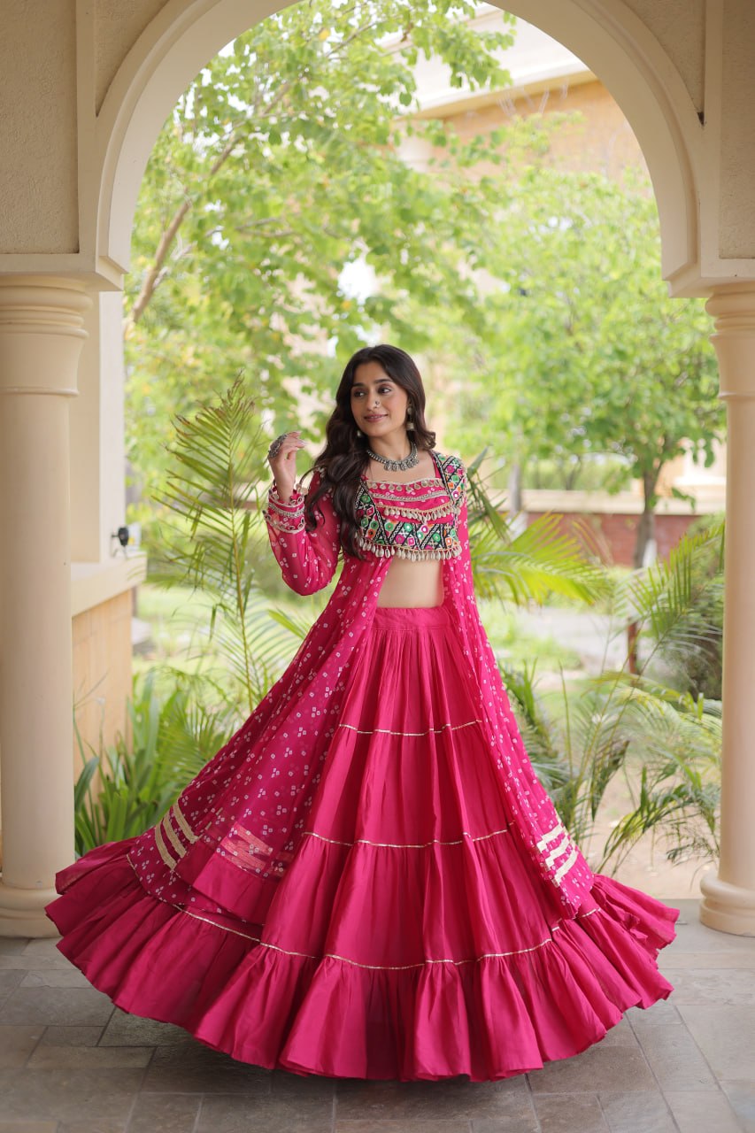 Eesha Pink Kora Cotton Bandhni Lehenga & Kurti Set