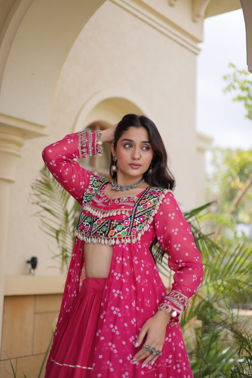 Eesha Pink Kora Cotton Bandhni Lehenga & Kurti Set