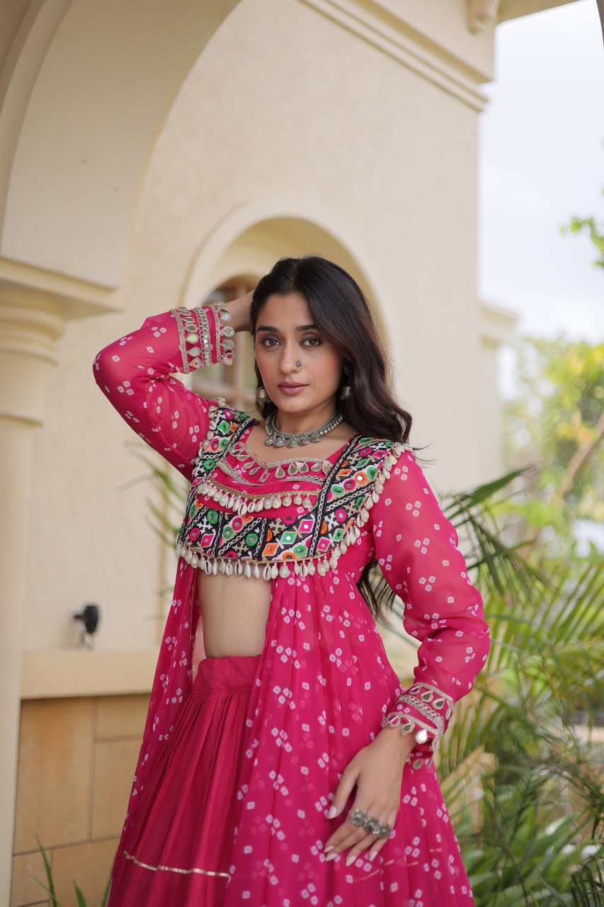 Eesha Pink Kora Cotton Bandhni Lehenga & Kurti Set