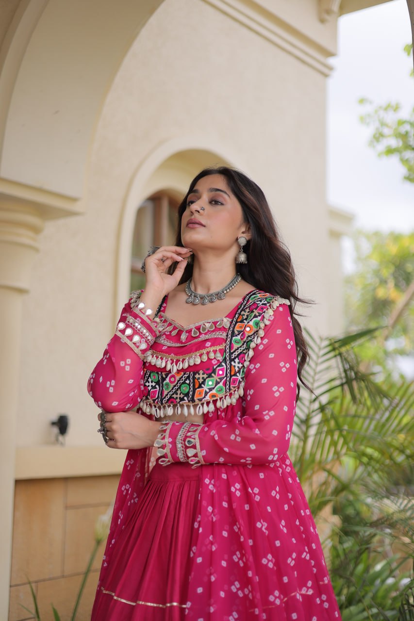 Eesha Pink Kora Cotton Bandhni Lehenga & Kurti Set