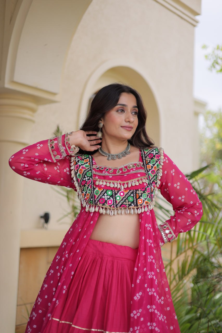 Eesha Pink Kora Cotton Bandhni Lehenga & Kurti Set