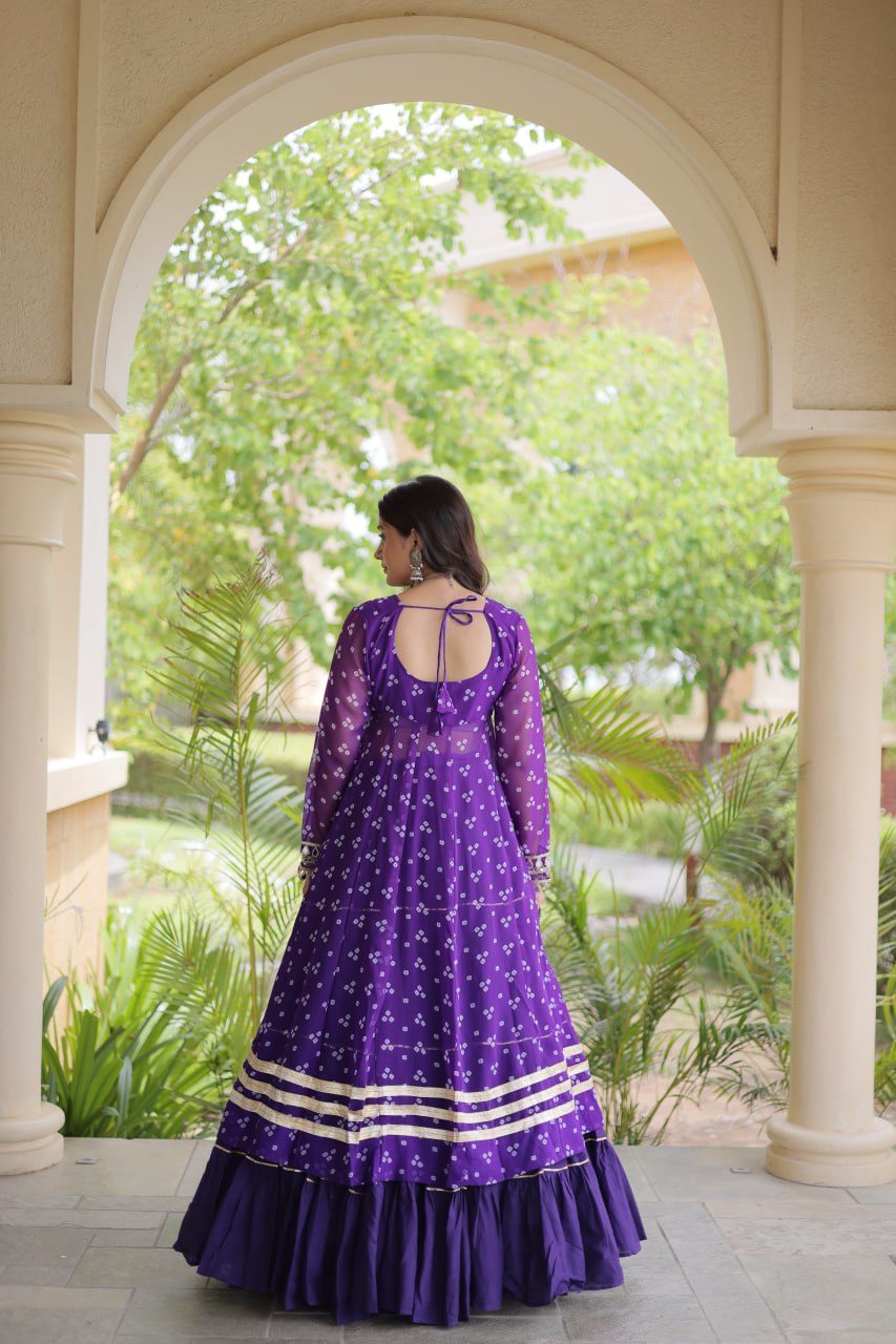 Eesha Purple Kora Cotton Bandhni Lehenga & Kurti Set
