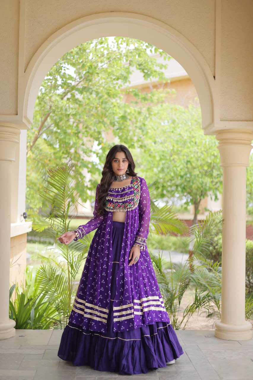 Eesha Purple Kora Cotton Bandhni Lehenga & Kurti Set