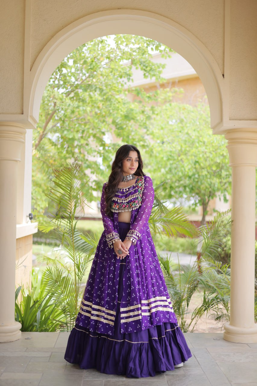 Eesha Purple Kora Cotton Bandhni Lehenga & Kurti Set