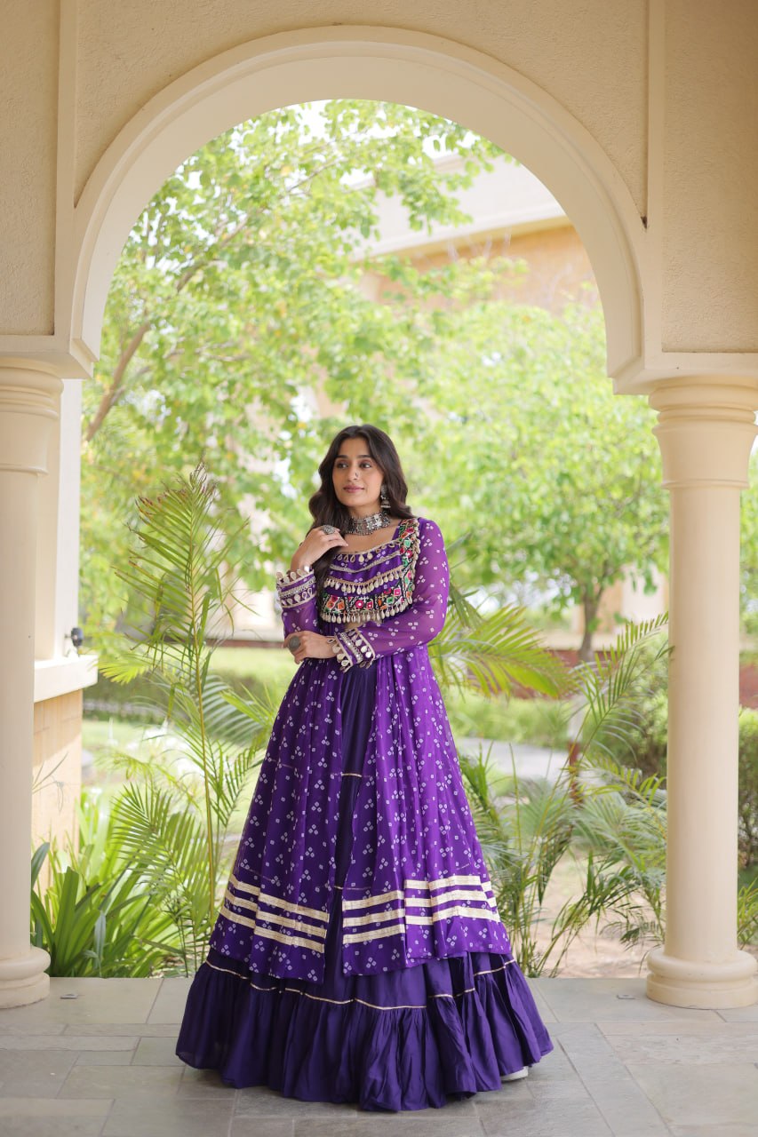 Eesha Purple Kora Cotton Bandhni Lehenga & Kurti Set