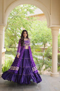 Eesha Purple Kora Cotton Bandhni Lehenga & Kurti Set