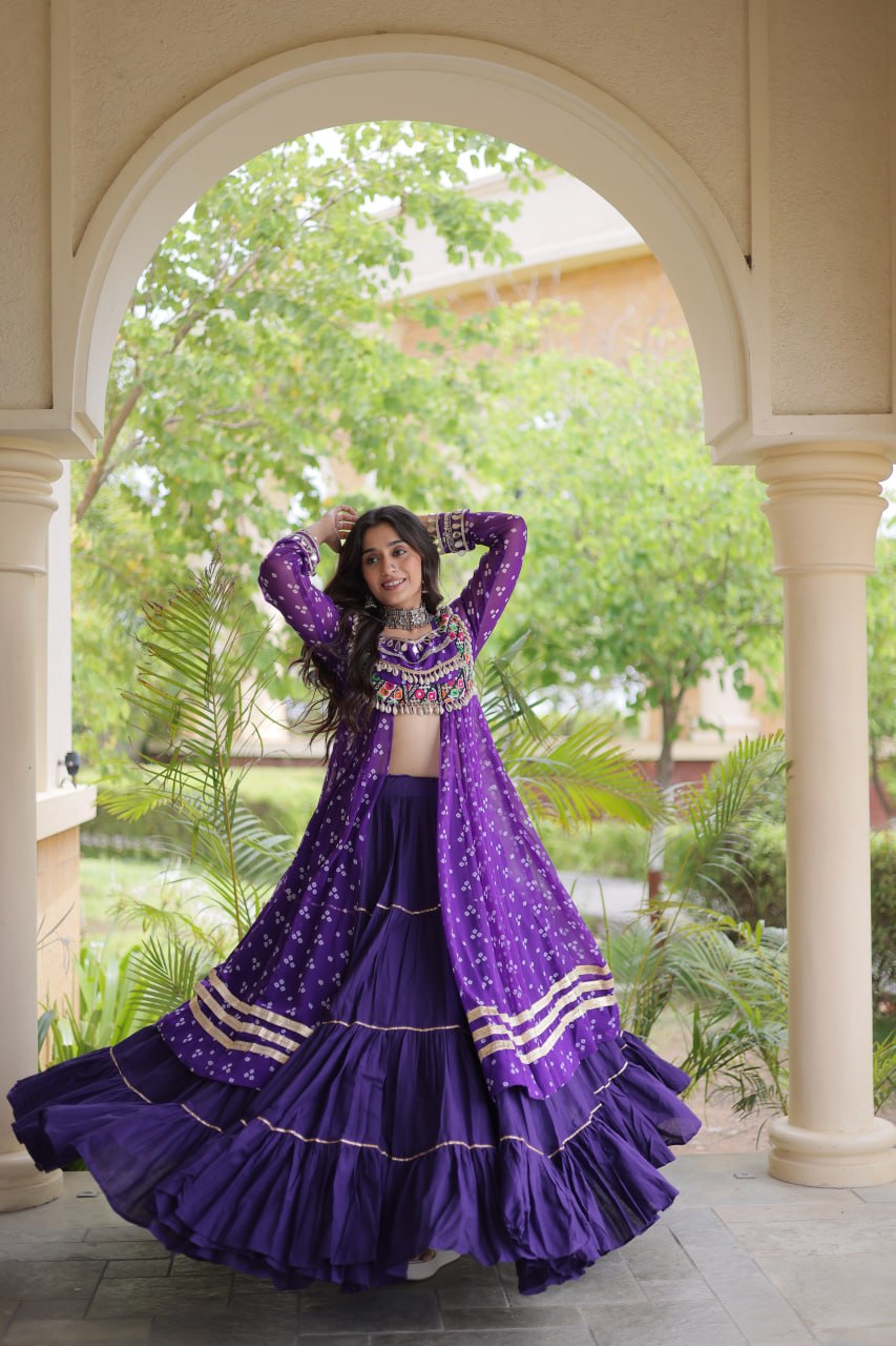 Eesha Purple Kora Cotton Bandhni Lehenga & Kurti Set