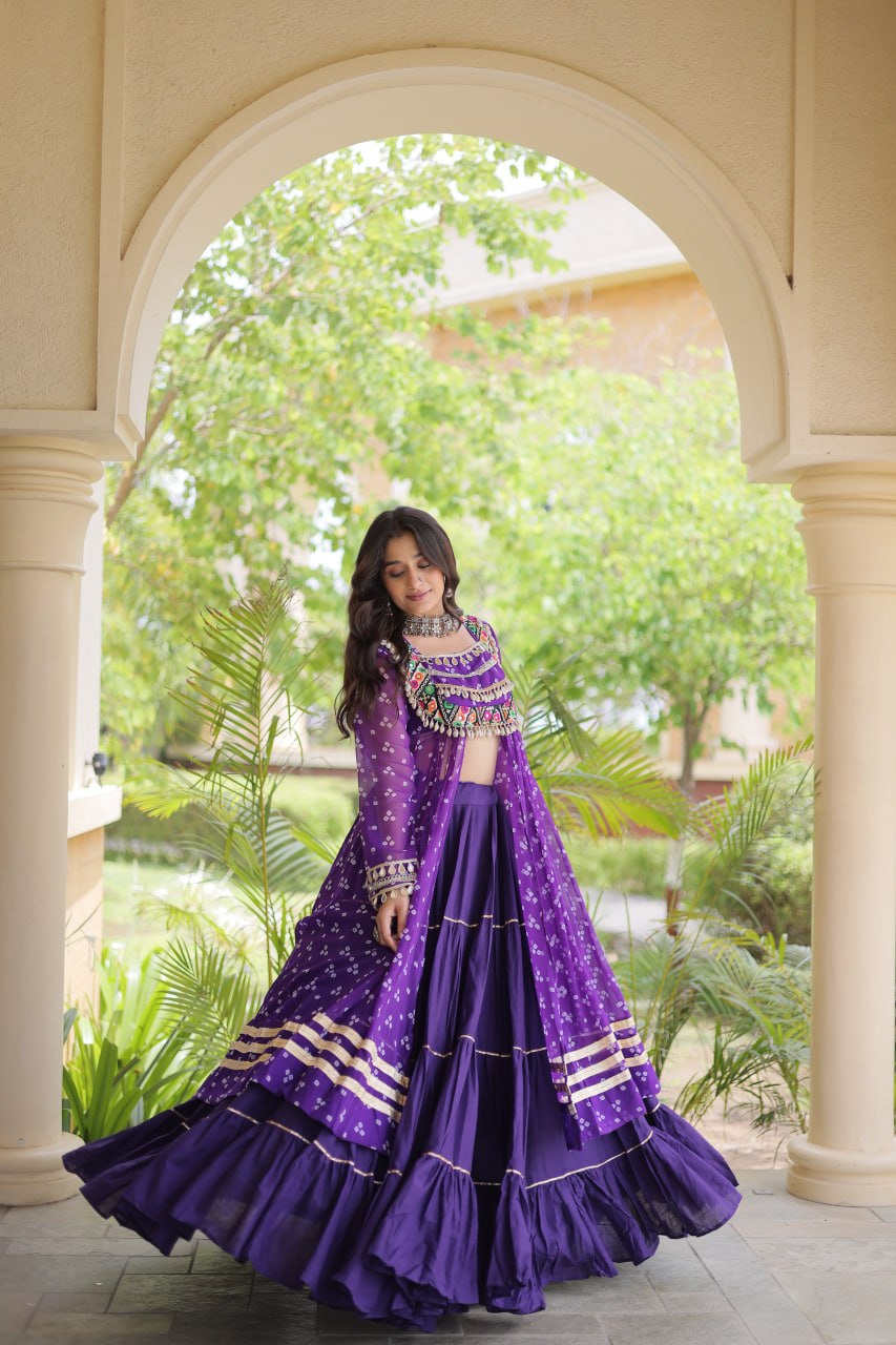 Eesha Purple Kora Cotton Bandhni Lehenga & Kurti Set