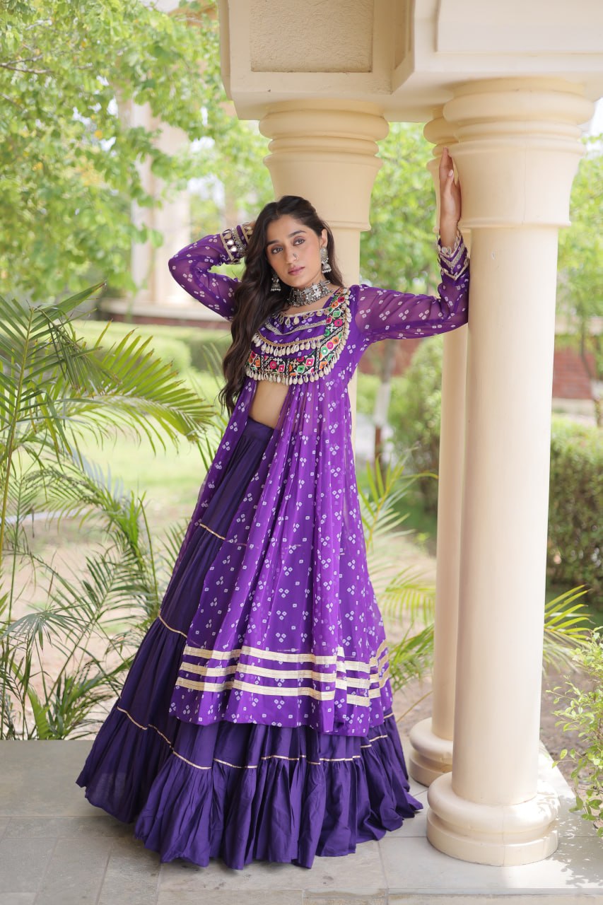 Eesha Purple Kora Cotton Bandhni Lehenga & Kurti Set