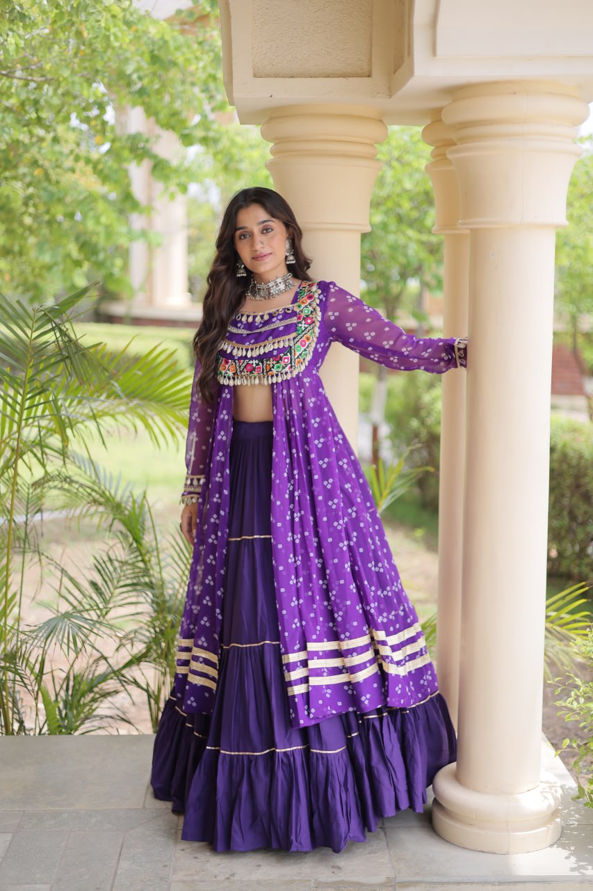 Eesha Purple Kora Cotton Bandhni Lehenga & Kurti Set