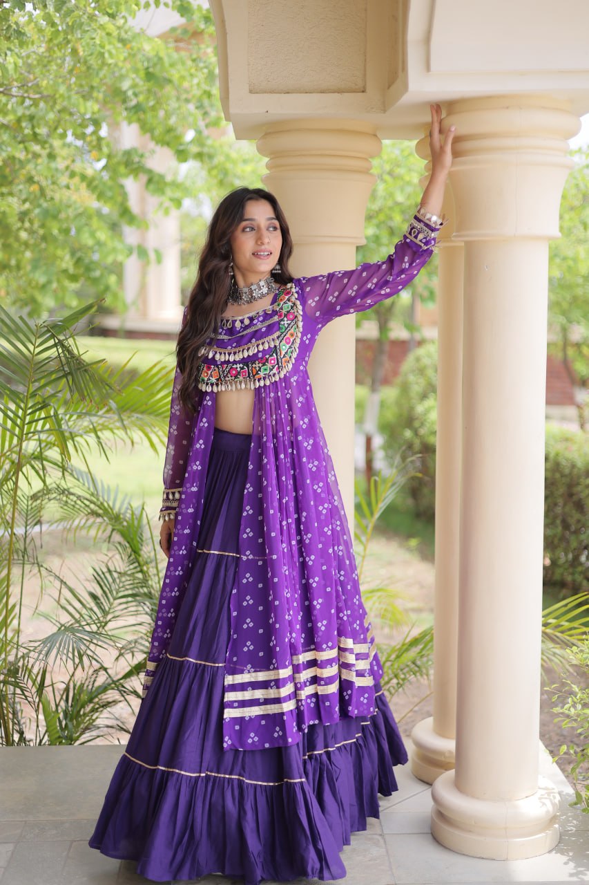 Eesha Purple Kora Cotton Bandhni Lehenga & Kurti Set