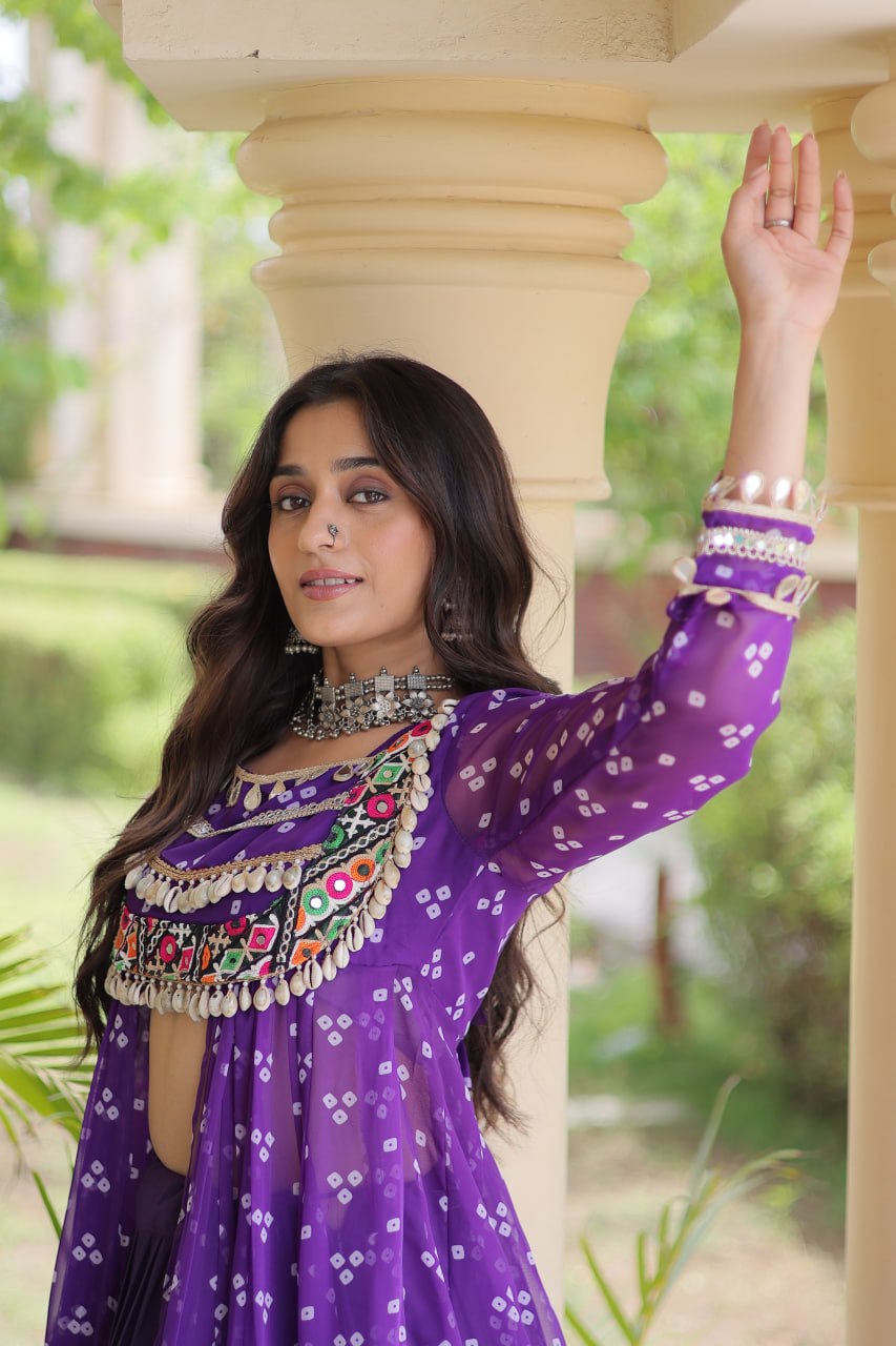 Eesha Purple Kora Cotton Bandhni Lehenga & Kurti Set