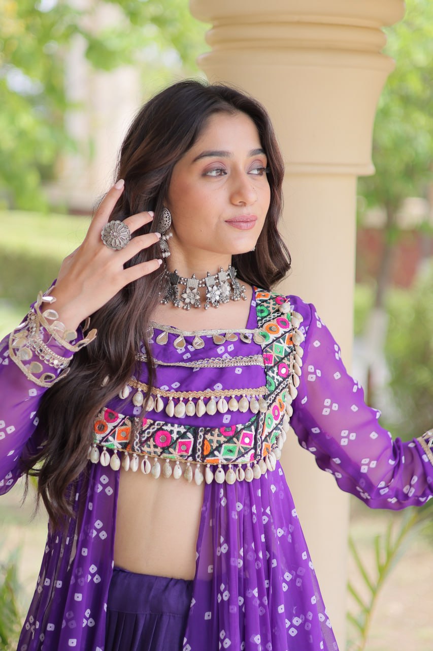 Eesha Purple Kora Cotton Bandhni Lehenga & Kurti Set