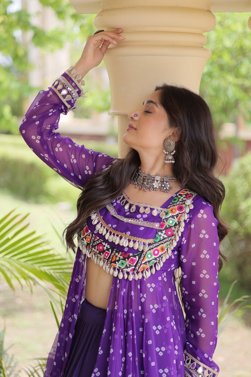 Eesha Purple Kora Cotton Bandhni Lehenga & Kurti Set