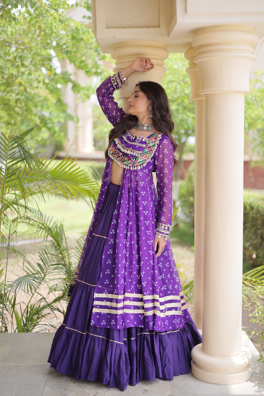 Eesha Purple Kora Cotton Bandhni Lehenga & Kurti Set