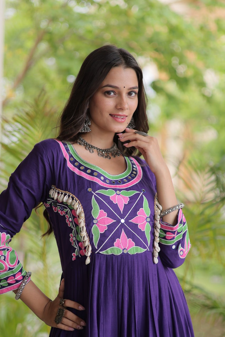 Riya Purple Kora Cotton Multi Thread Embroidered Gown