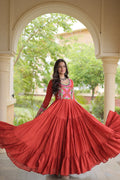 Riya Orange Kora Cotton Multi Thread Embroidered Gown