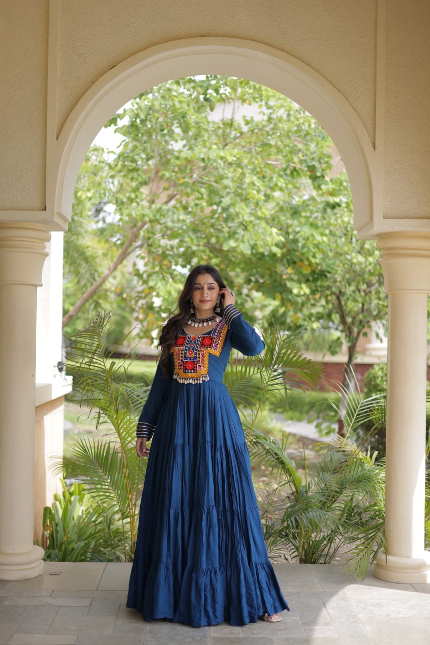 Sneha Blue Reyon Kutchi Gamthi Embroidered Gown