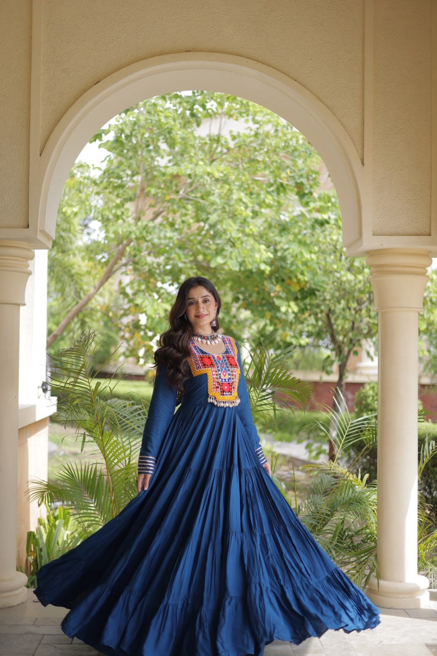 Sneha Blue Reyon Kutchi Gamthi Embroidered Gown