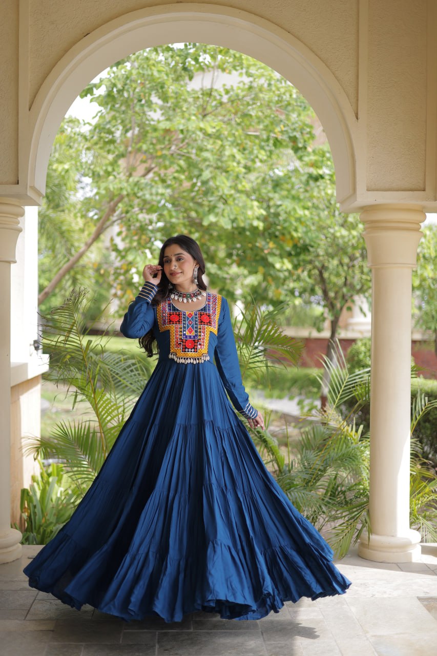 Sneha Blue Reyon Kutchi Gamthi Embroidered Gown