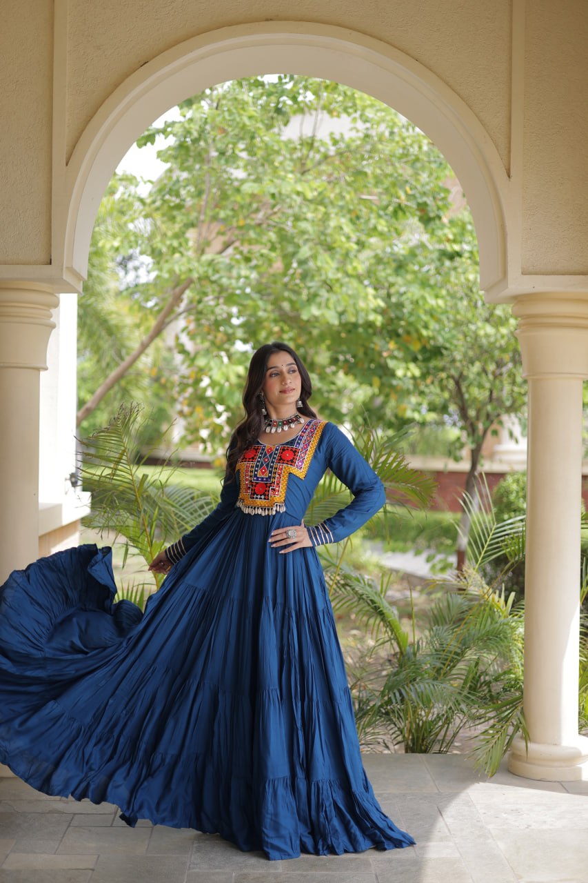 Sneha Blue Reyon Kutchi Gamthi Embroidered Gown