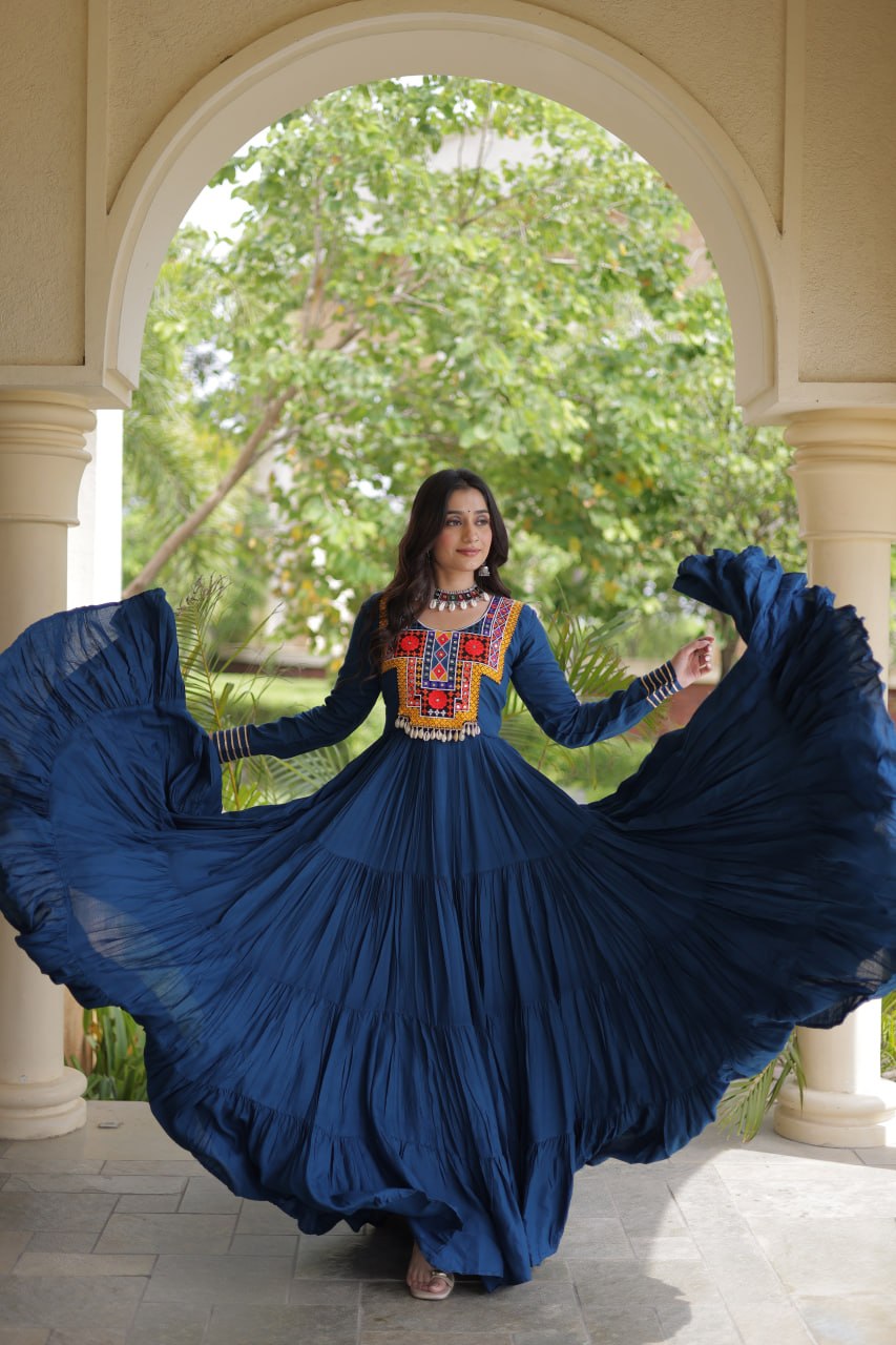 Sneha Blue Reyon Kutchi Gamthi Embroidered Gown