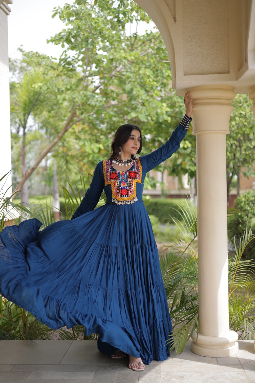 Sneha Blue Reyon Kutchi Gamthi Embroidered Gown