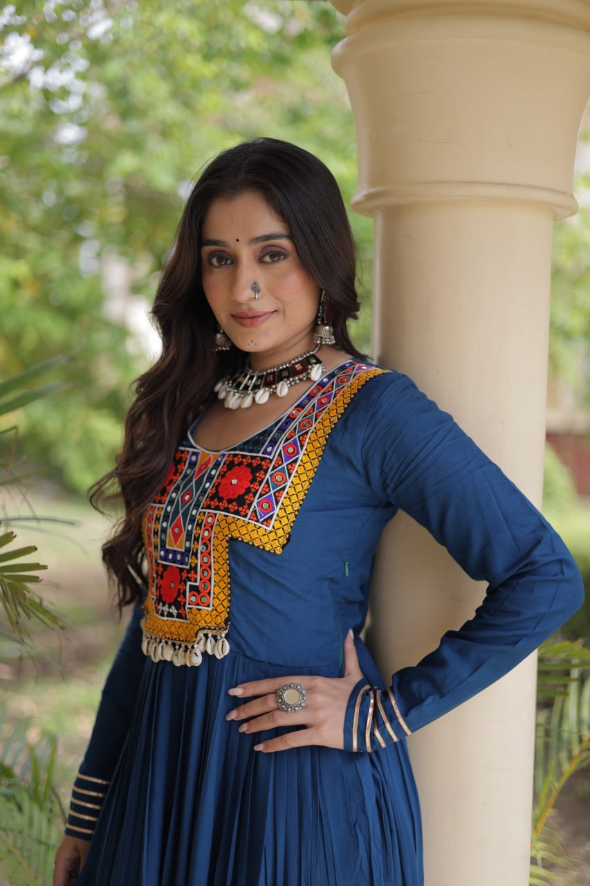 Sneha Blue Reyon Kutchi Gamthi Embroidered Gown
