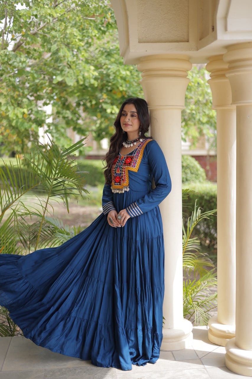 Sneha Blue Reyon Kutchi Gamthi Embroidered Gown