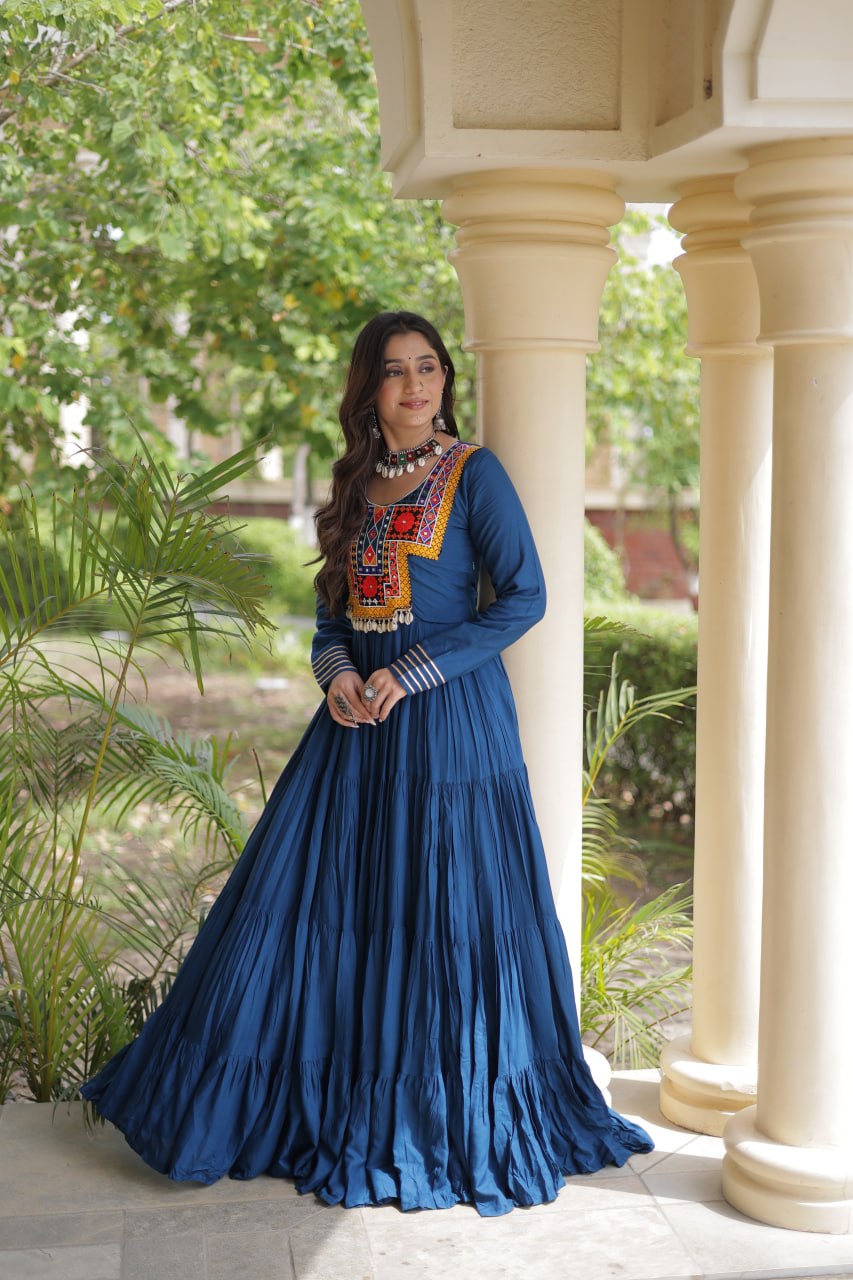 Sneha Blue Reyon Kutchi Gamthi Embroidered Gown