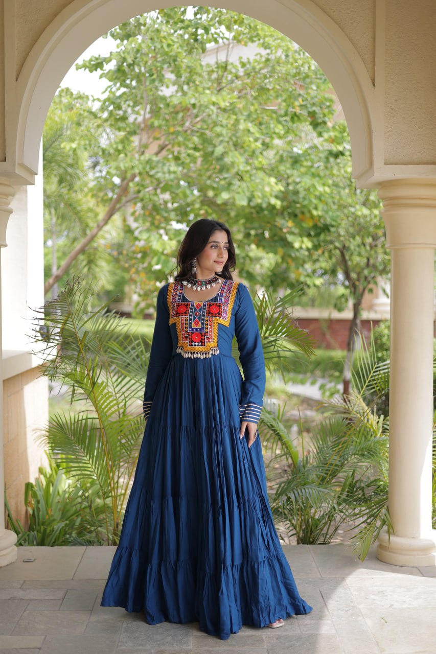 Sneha Blue Reyon Kutchi Gamthi Embroidered Gown