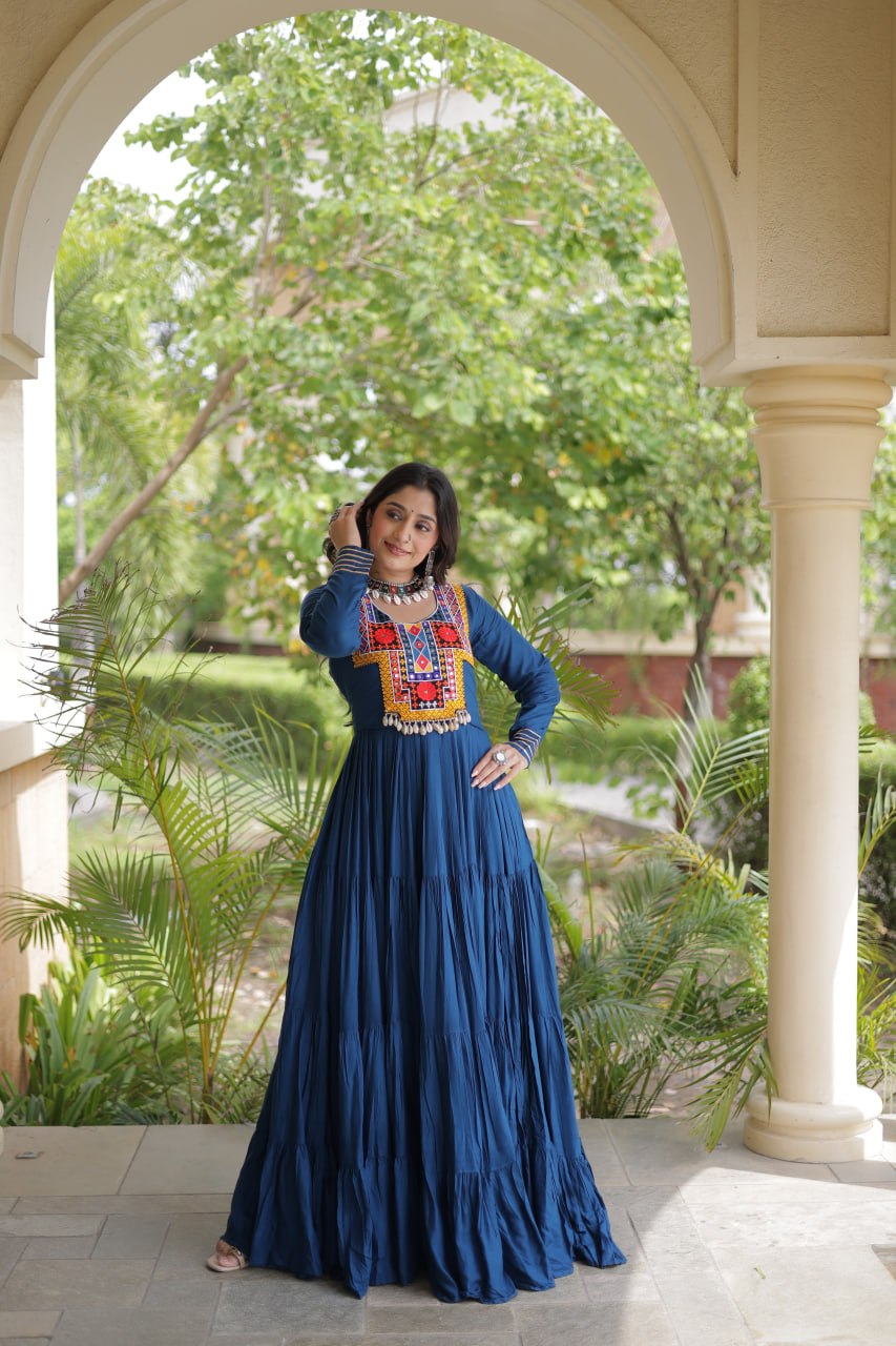 Sneha Blue Reyon Kutchi Gamthi Embroidered Gown