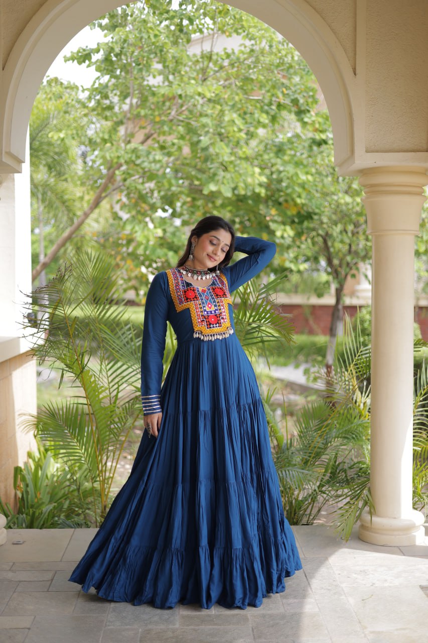 Sneha Blue Reyon Kutchi Gamthi Embroidered Gown