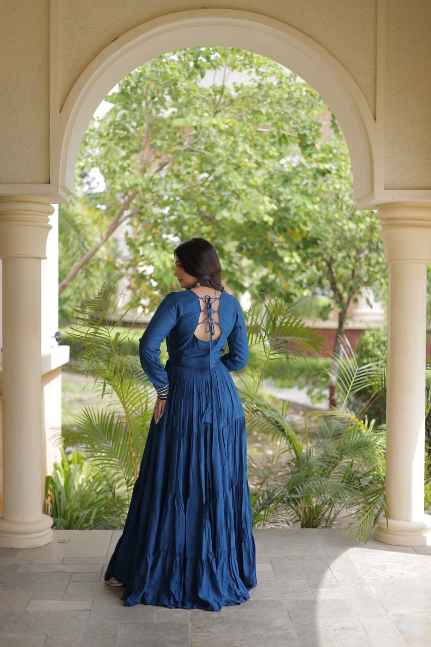 Sneha Blue Reyon Kutchi Gamthi Embroidered Gown