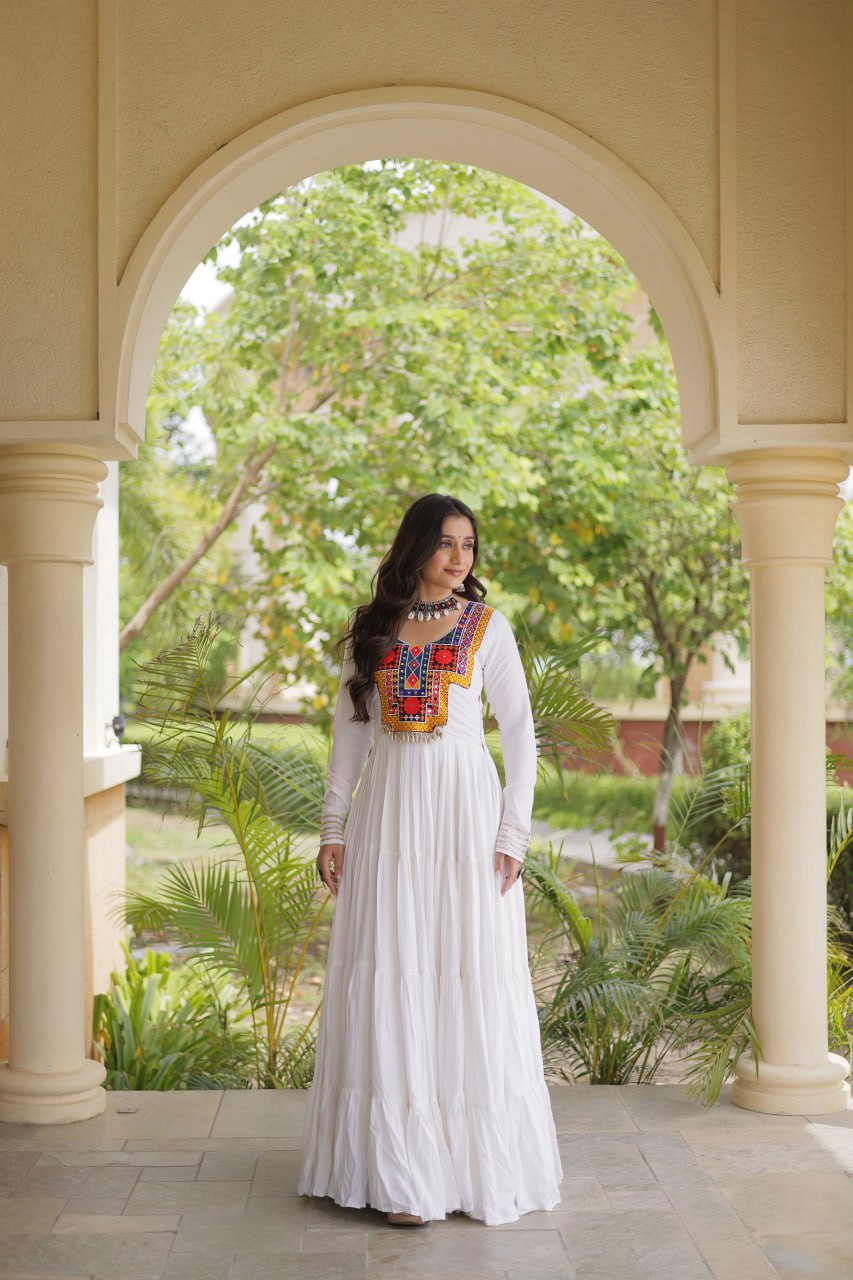 Sneha White Reyon Kutchi Gamthi Embroidered Gown