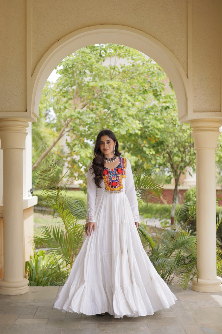 Sneha White Reyon Kutchi Gamthi Embroidered Gown