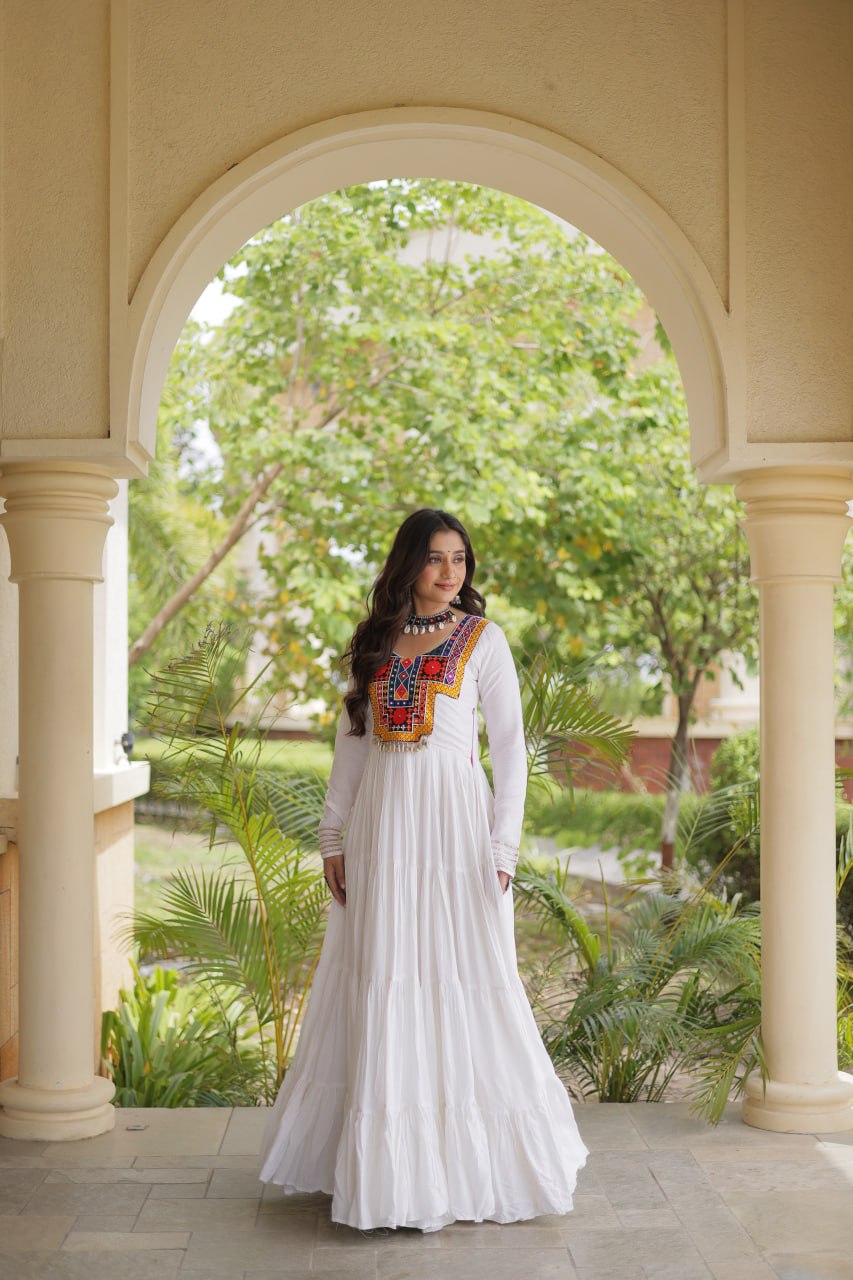 Sneha White Reyon Kutchi Gamthi Embroidered Gown