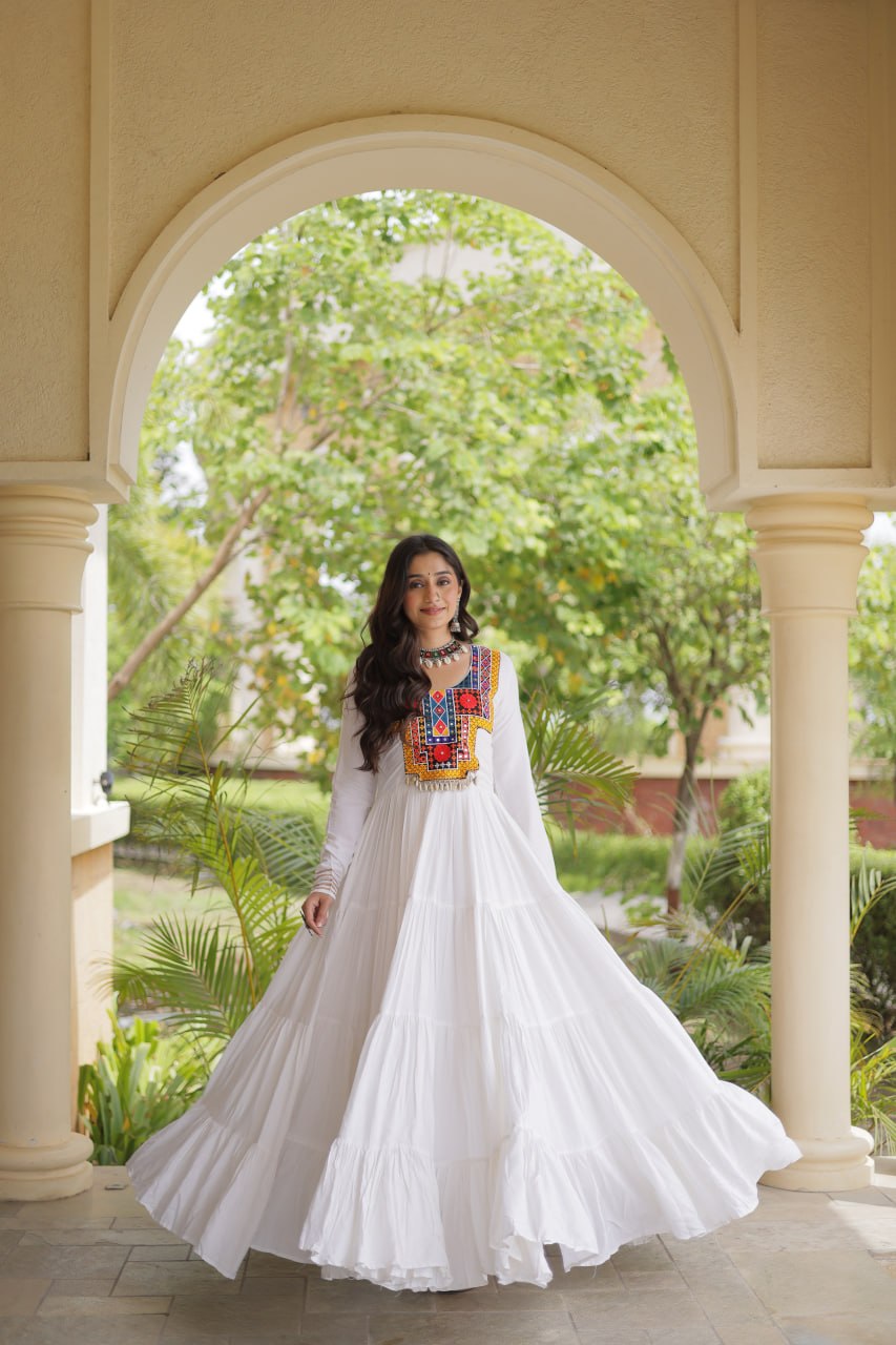 Sneha White Reyon Kutchi Gamthi Embroidered Gown
