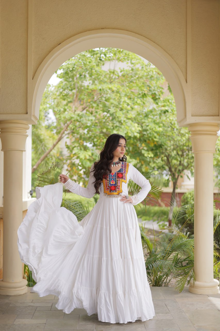 Sneha White Reyon Kutchi Gamthi Embroidered Gown