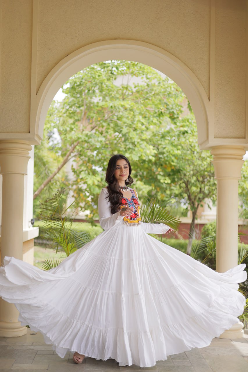 Sneha White Reyon Kutchi Gamthi Embroidered Gown