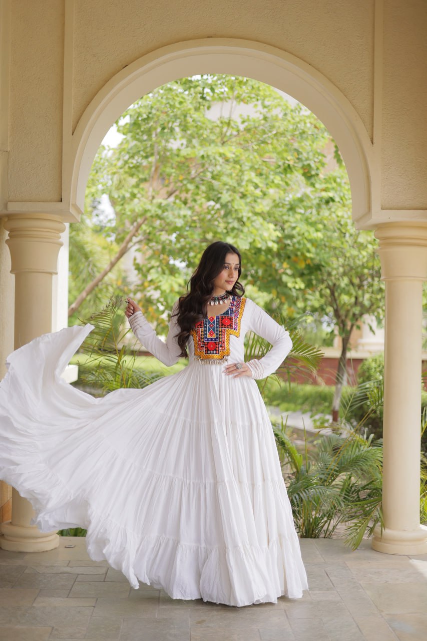 Sneha White Reyon Kutchi Gamthi Embroidered Gown