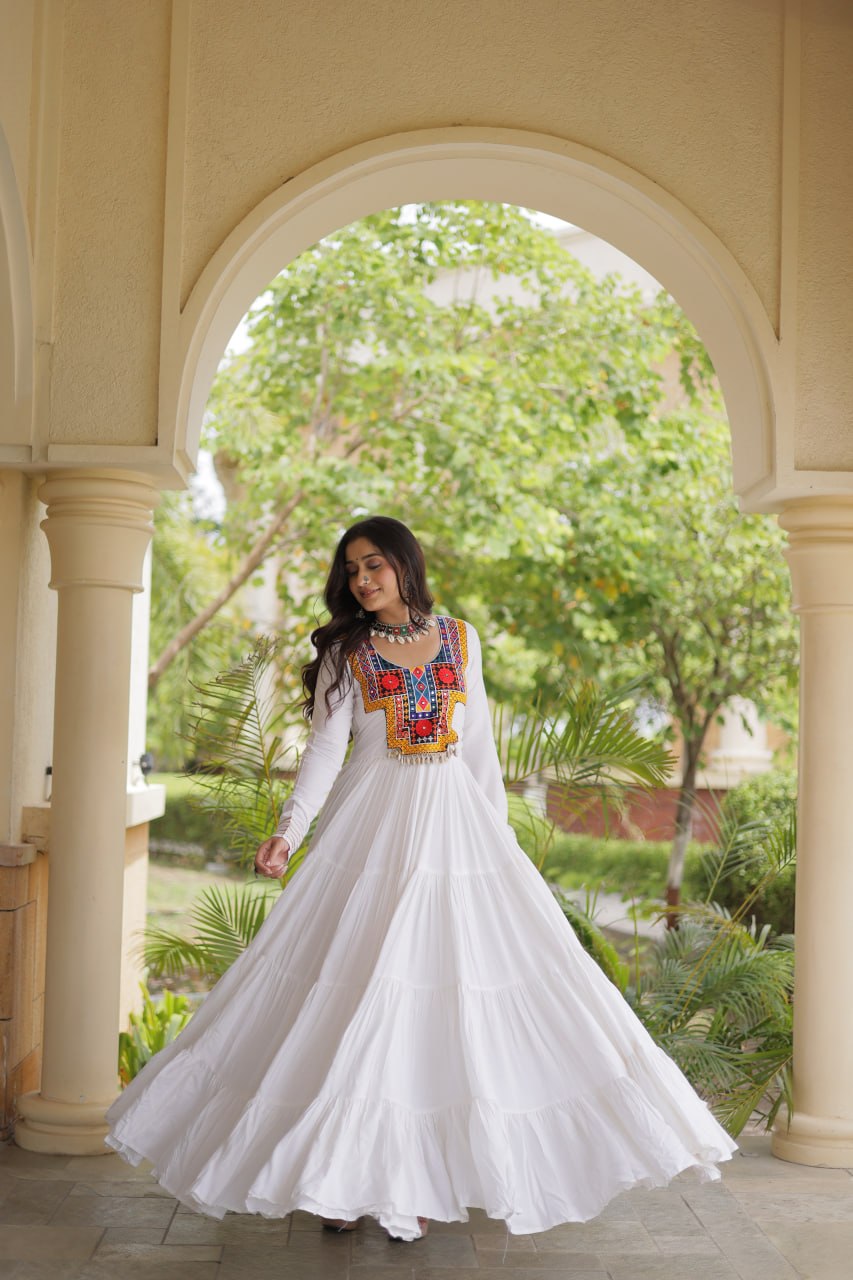 Sneha White Reyon Kutchi Gamthi Embroidered Gown